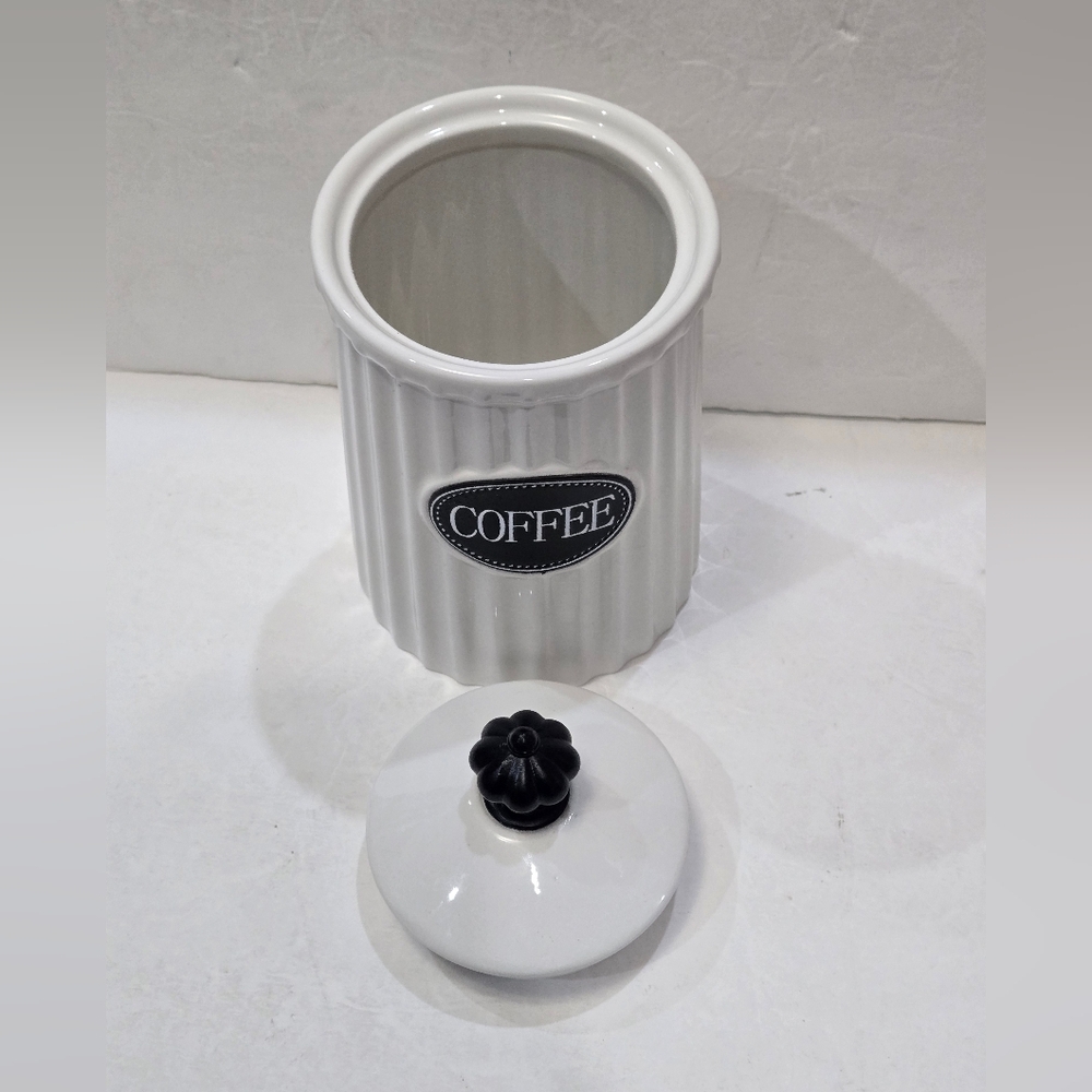THL Ceramic Coffee Canister White with Black Label Black Knob Ribbed Texture - Picture 3 of 4